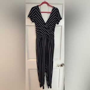 Express Navy and White Striped Wrap Jumpsuit